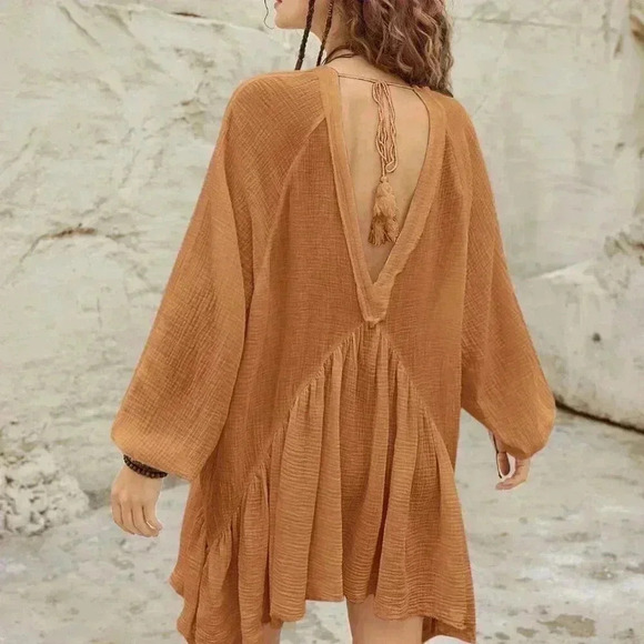 Khaki Boho Women's Lantern Sleeve Back Tie-Up Dress Clothing - Picture 2 of 8